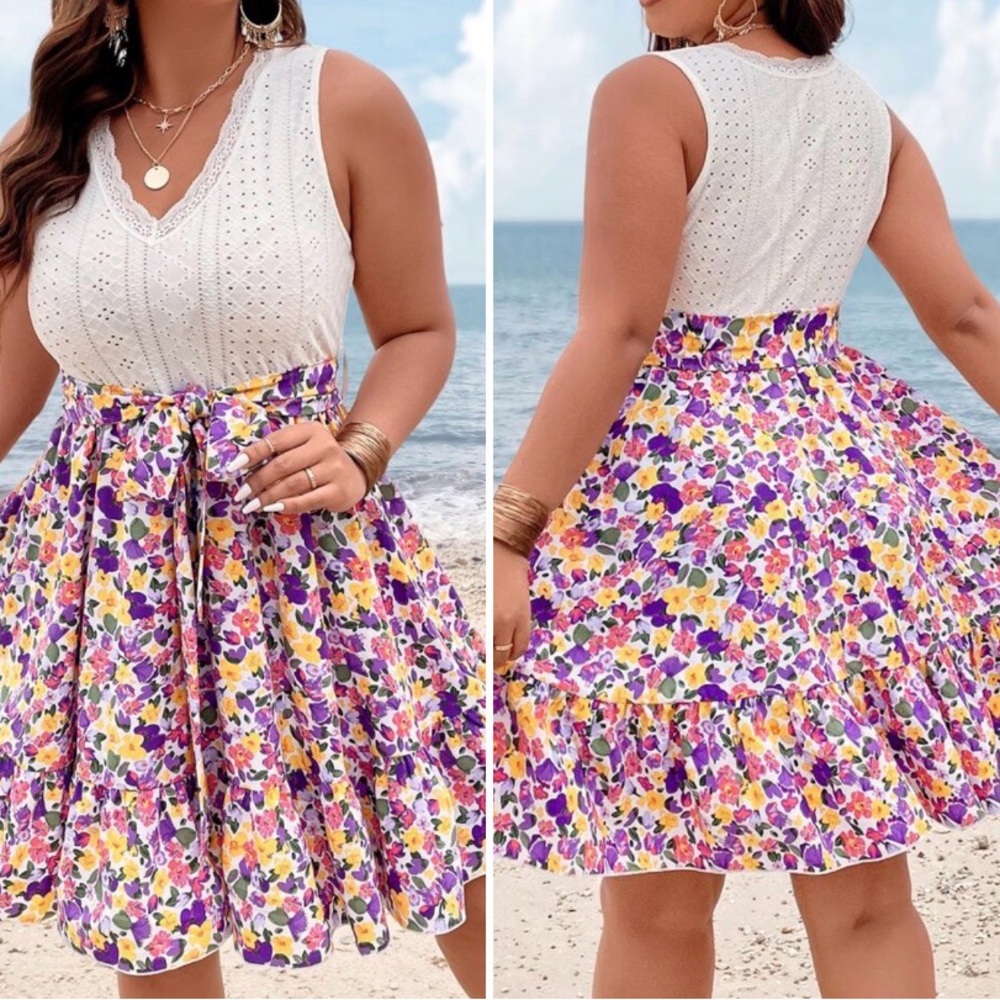 SHEIN SunnyBelle Plus Floral Print Contrast Lace Belted Dress Sz 2XL